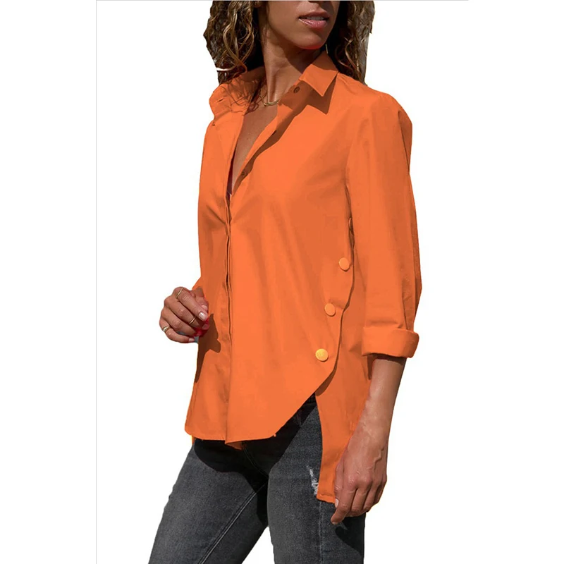 Женские Необычные Блузы больших размеров 3XL 4XL 5XL, повседневные шифоновые рубашки больших размеров, Весенняя Однотонная рубашка с отложным воротником - Цвет: Оранжевый