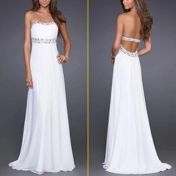 

Free Shipping In Stock Sexy Strapless Backless Beaded White Chiffon Formal Party Pageant Evening Gown Prom Dresses Wholesale Hot
