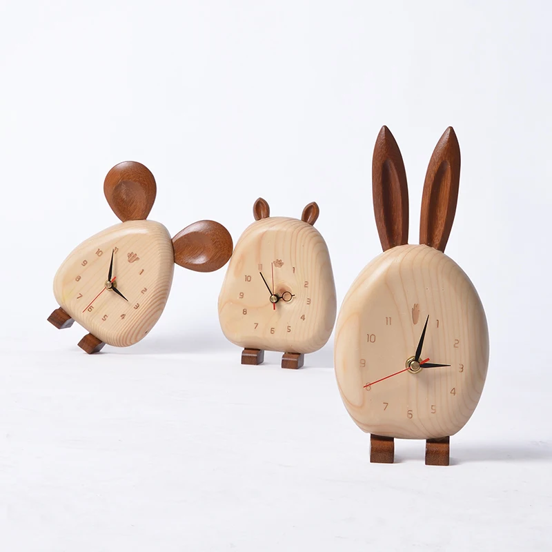 Творческий пастырской небольшой свежий деревянные часы длинные уши мыши бегемота кролик животное моделирование настольные деревянные часы
