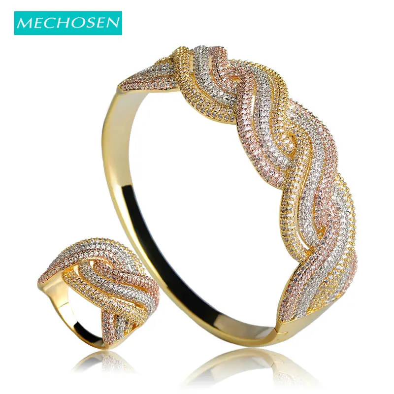

MECHOSEN Punk European Style Twist Shape Bracelets Ring Set Three Tones Plated Copper Pulseira Anel Women Wedding Jewelry Sets