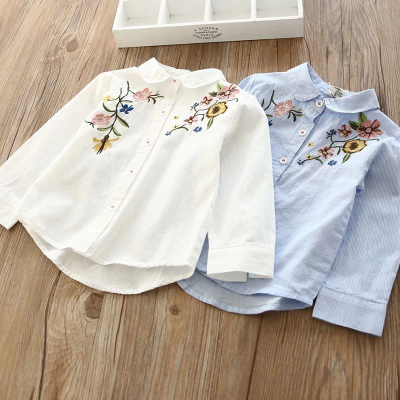 

Baby kids Girls embroidered Flower blouses Tops 2018 autumn child 3-7 Y striped long-sleeved White Clothes baby shirt