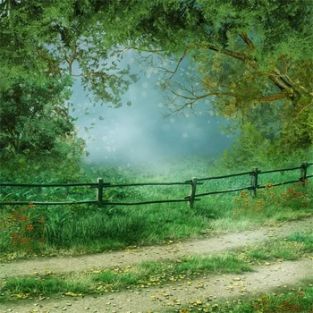 

Laeacco Green Spring Forest Wooden Fence Polka Dots Way Fairytale Baby Photo Backgrounds Photographic Backdrops For Photo Studio
