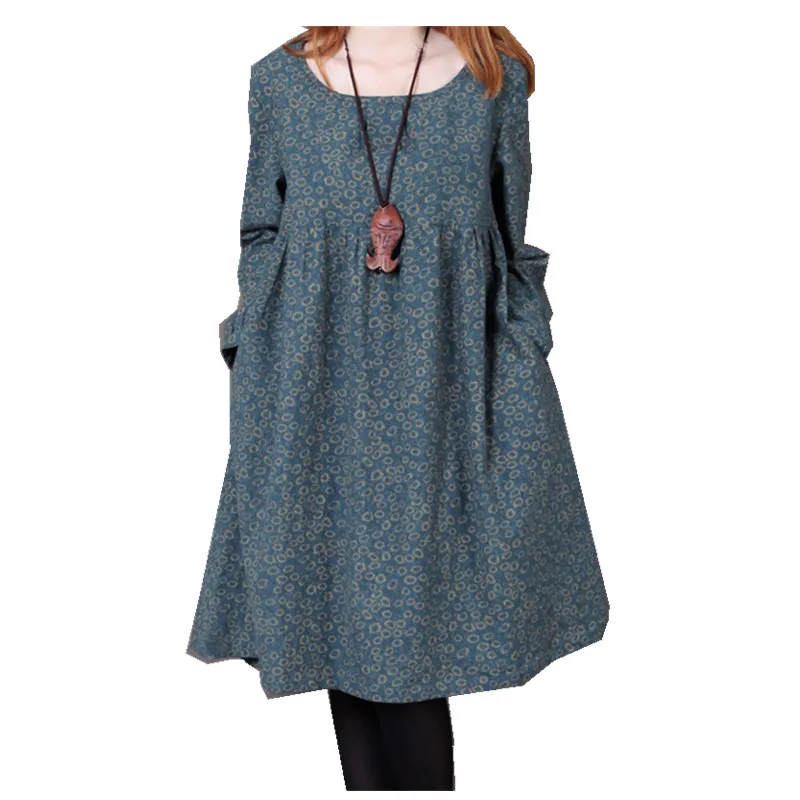 Beste Mode En Najaar Vrouwen Katoenen Jurk Plus Size Lange Mouwen Losse Ongedwongen O hals Knielange Een stuk jurk Vestidos