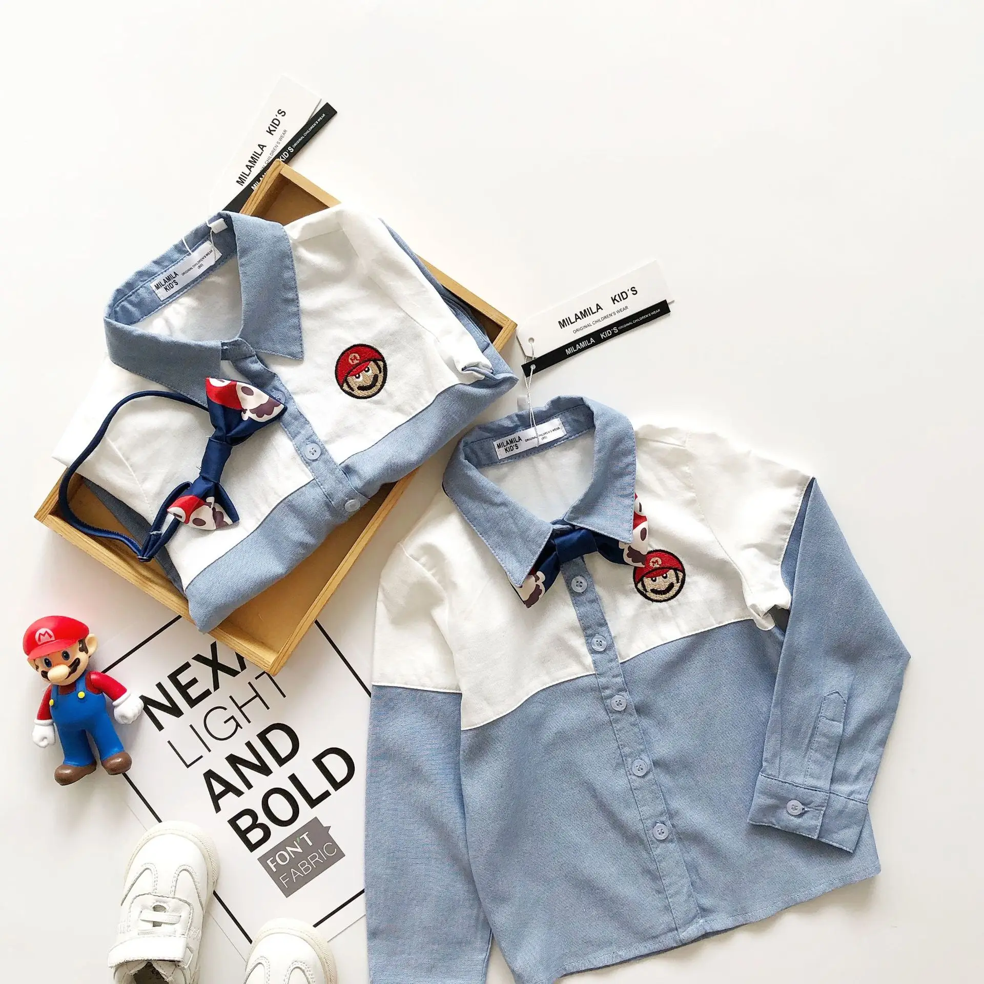 

Tonytaobaby Fashion Cotton Cartoon Turn-down Collar Shirts New Autumn Dress for Boys and Girls Have Bow Tie