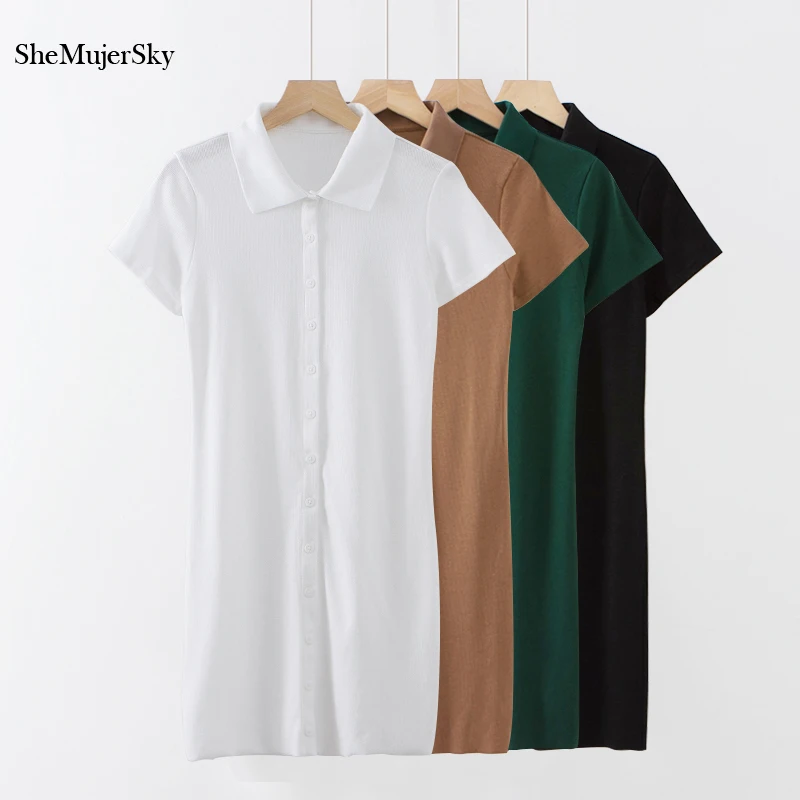 

Shemujersky Knitted Women Dress Short Sleeve with Button jurken Casual Turn Down Collar Solid Summer jumper tshirt Dresses