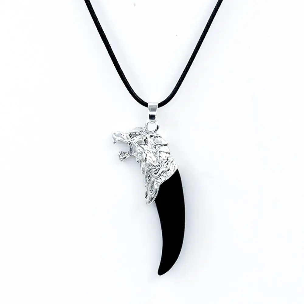 

Men Antique Silver Tribal Stark Wolf Fang Tooth Pendant Necklace, Vintage Wolf Tooth Dragon Alloy Pendant Necklace