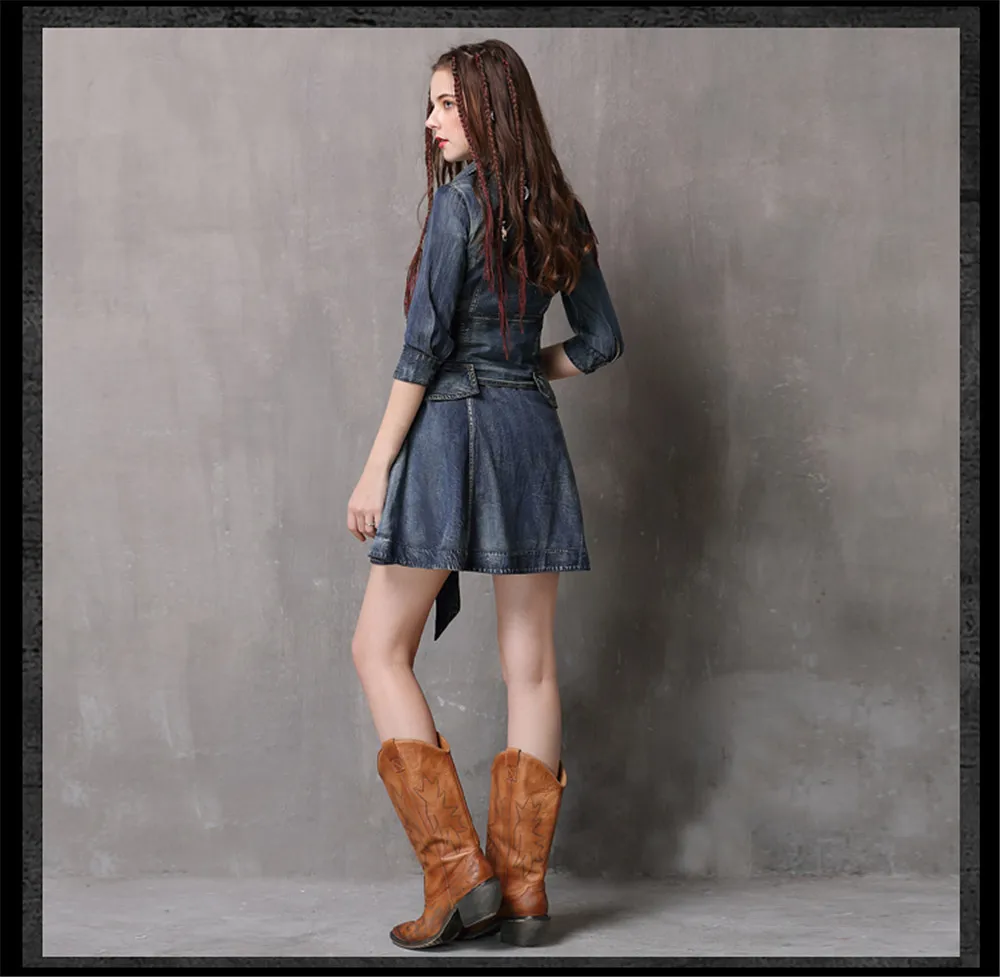 Vintage Summer Sashes Dress 2018 New Denim Three Quarter Sleeve  Dresses Turn-down Collar A-line Single Breasted Vestios (14)