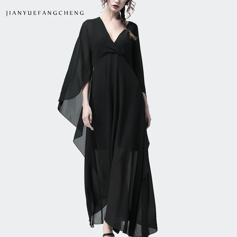 Floor-Length Vrouwen Jurk Zwart Chiffon Cloak Mouwen V-hals Lange Tule Jurken Plus Size Zomer Lange Maxi Party jurken Floor-Length Vrouwen Jurk Zwart Chiffon Cloak Mouwen V-hals Lange Tule Jurken Plus Size Zomer Lange Maxi Party jurken