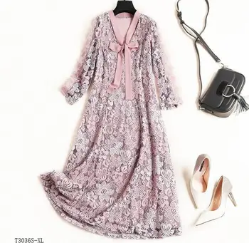 

European style 2019 New arrivals summer Spring fashion women clothes temperament patchwork lace vintage dress T3036