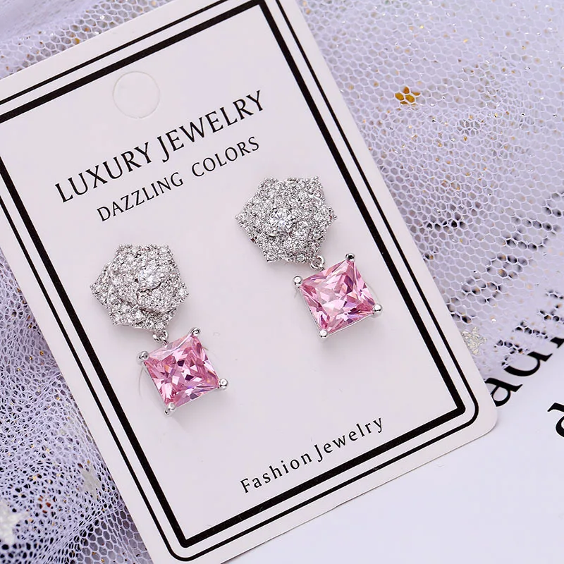 

Bilincolor Rose Flower Square Pink Cubic Zirconia Stone Kawaii Stud Earring for women Fashion Jewelry
