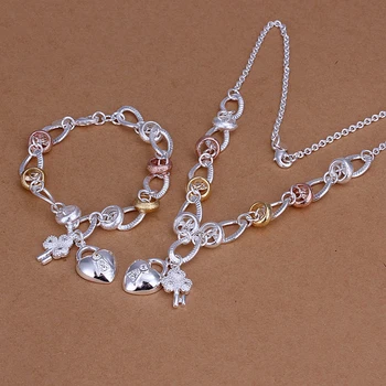 

American style factory price high quality Silver color and stamping . charm set Silver color heart lock necklace bracelet S010