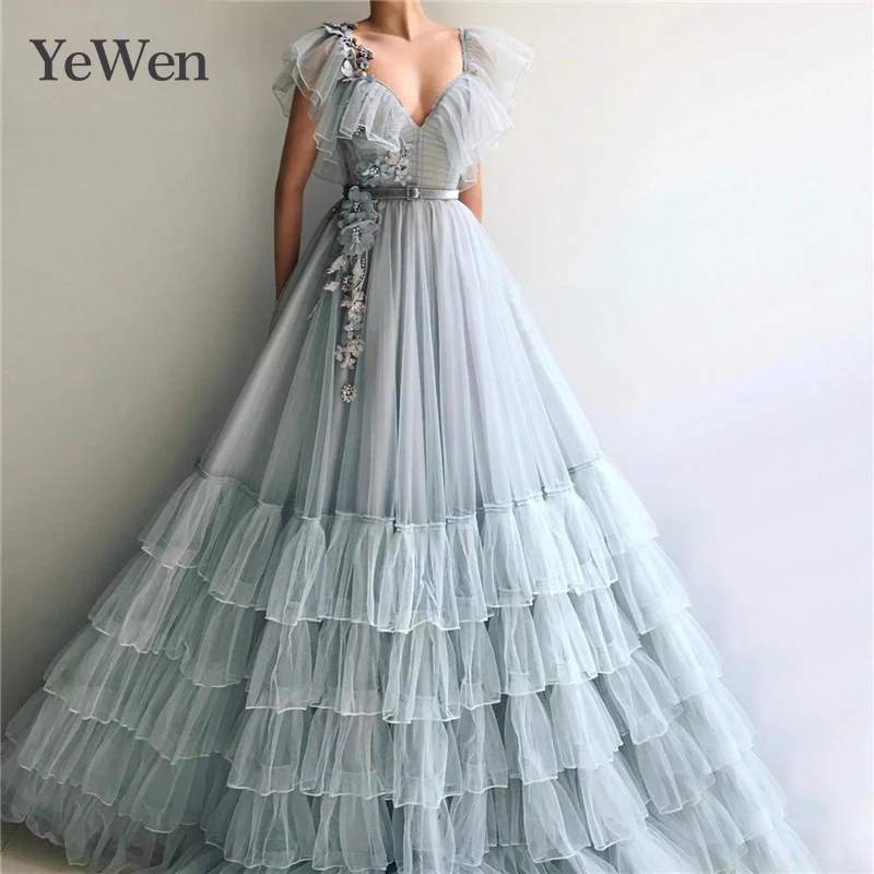 

Latest Design Grey Silver V-Neck Sexy Evening Dresses 2019 Sleeveless A-Line Handmade Flowers Evening Gowns YeWen