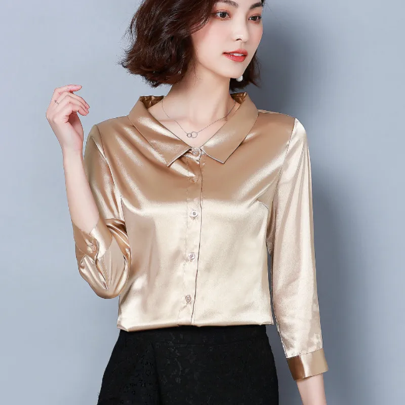 

2019 Spring Half Sleeve Satin Shirts Women Office Work OL Half Sleeve Satin Shirts Lady Silk Shirt 1/2 Sleeve Satin Blouses Tops