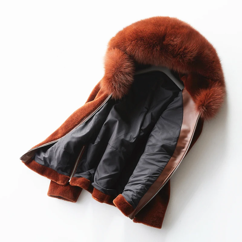Gours Genuine Shearling Jackets Women Natural Wool Real Fur Overcoats with Fox Fur Hooded Thick Warm In Winter New Arrival 1018