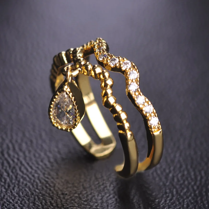 

MECHOSEN Exquisito Water Drop Tail Rings Double Aros Full Zirconia Wave Anillos Gold Color Copper Anel joyas de las mujeres