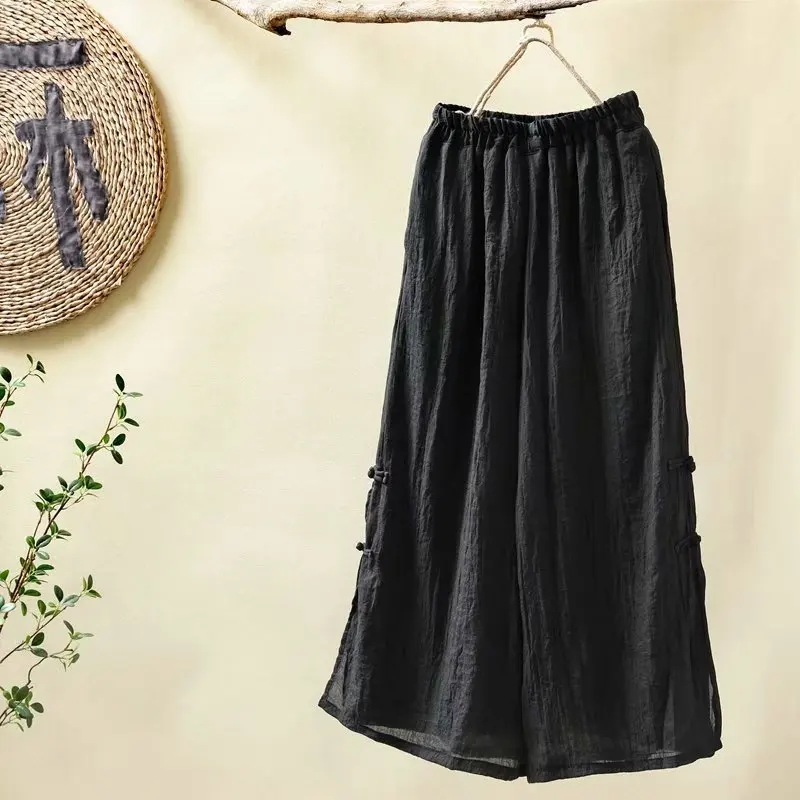 Этнический стиль Женская одежда Han конопли широкие брюки пластина кнопка хлопок сплошной цвет дзен чай брюки