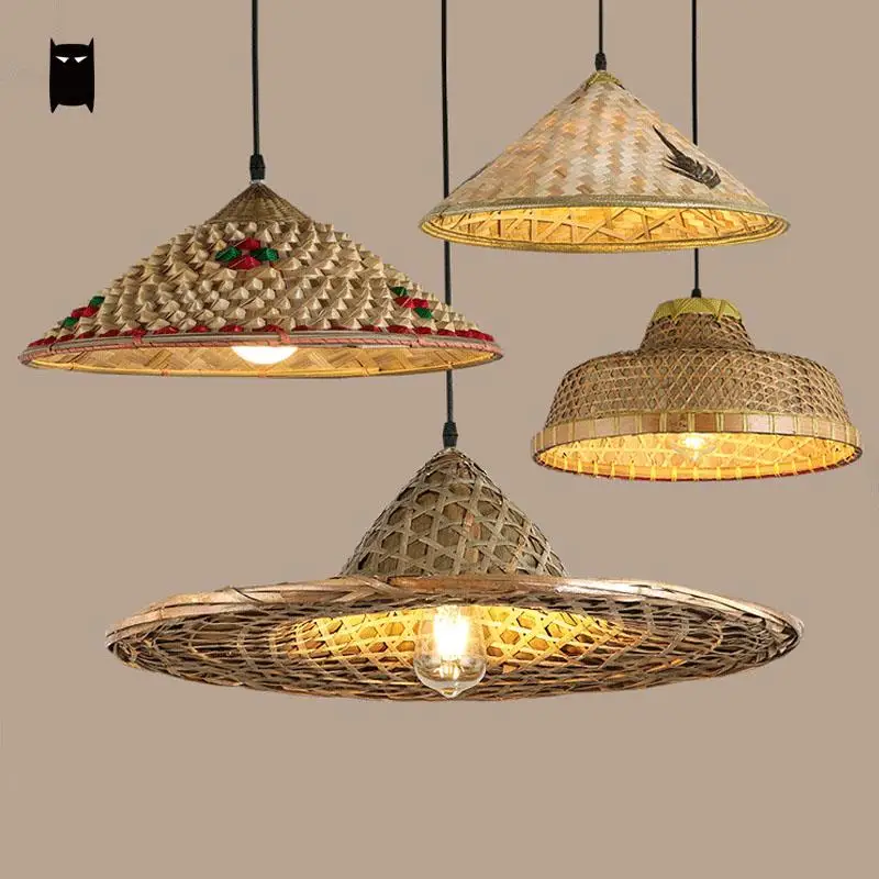 

Bamboo Wicker Rattan Hat Pendant Light Fixture Rustic Asian Japanese Hanging Lamp Avize Luminaria Dining Table Room Restaurant