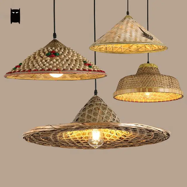 bambou osier rotin chapeau pendentif luminaire rustique asiatique