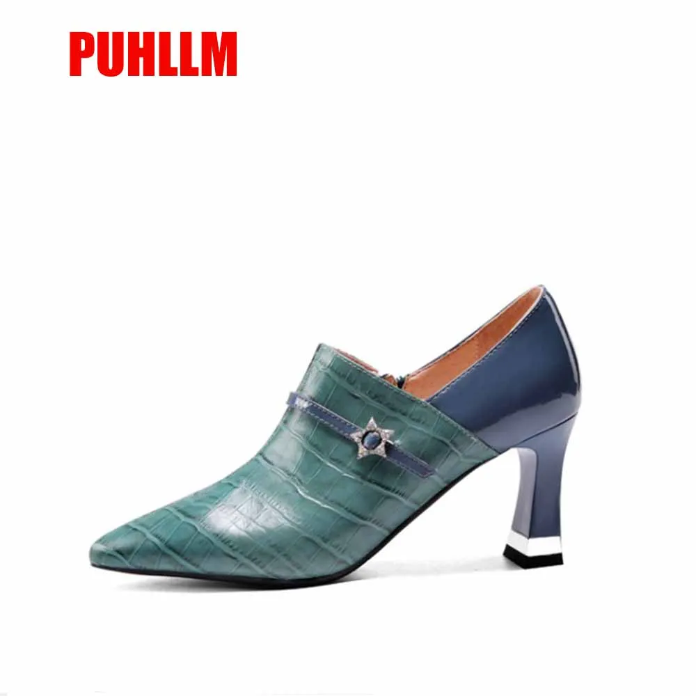

PUHLLM High Quality Pumps 2019 New Fashion Single Shoes Leather Pointed Thick Temperament Ladies ShoesA67
