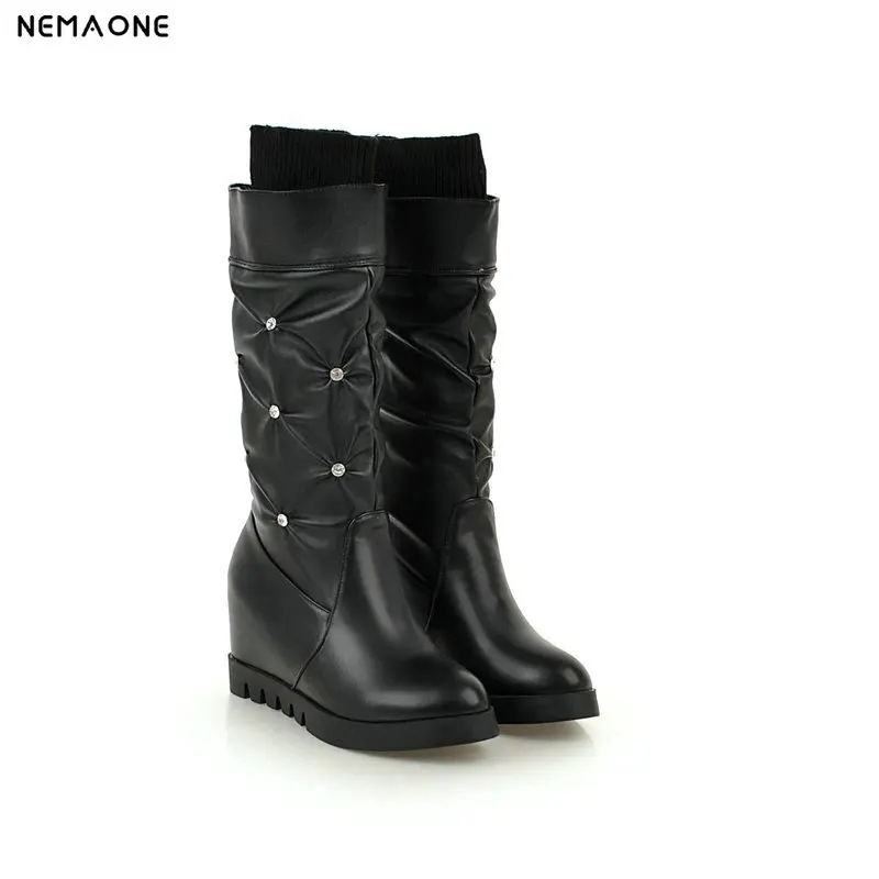 

NEMAONE 2018 New mid-calf women boots black white boots woman height increasing autumn winter girl's shoes large size 42 43