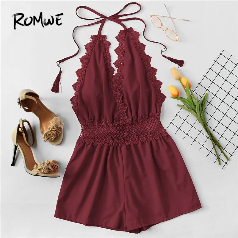 ROMWE Red Lace Trim Sexy V Neck Backless Fringe Halter Rompers Women Open Back Mid Waist Short Straight Leg Summer Playsuits