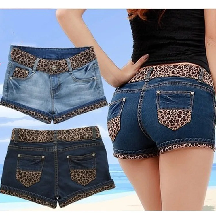 Spring 2016 new low waist jeans thin wild curling denim shorts female leopard fashion jeans splice print denim short women