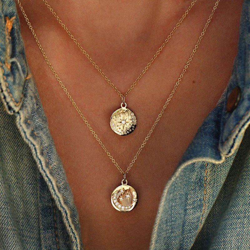

XIYANIKE Boho Star Moon Rhinestone Double Layered Necklace Gold Chain Choker Coin Necklace Women Accessories Collares N121
