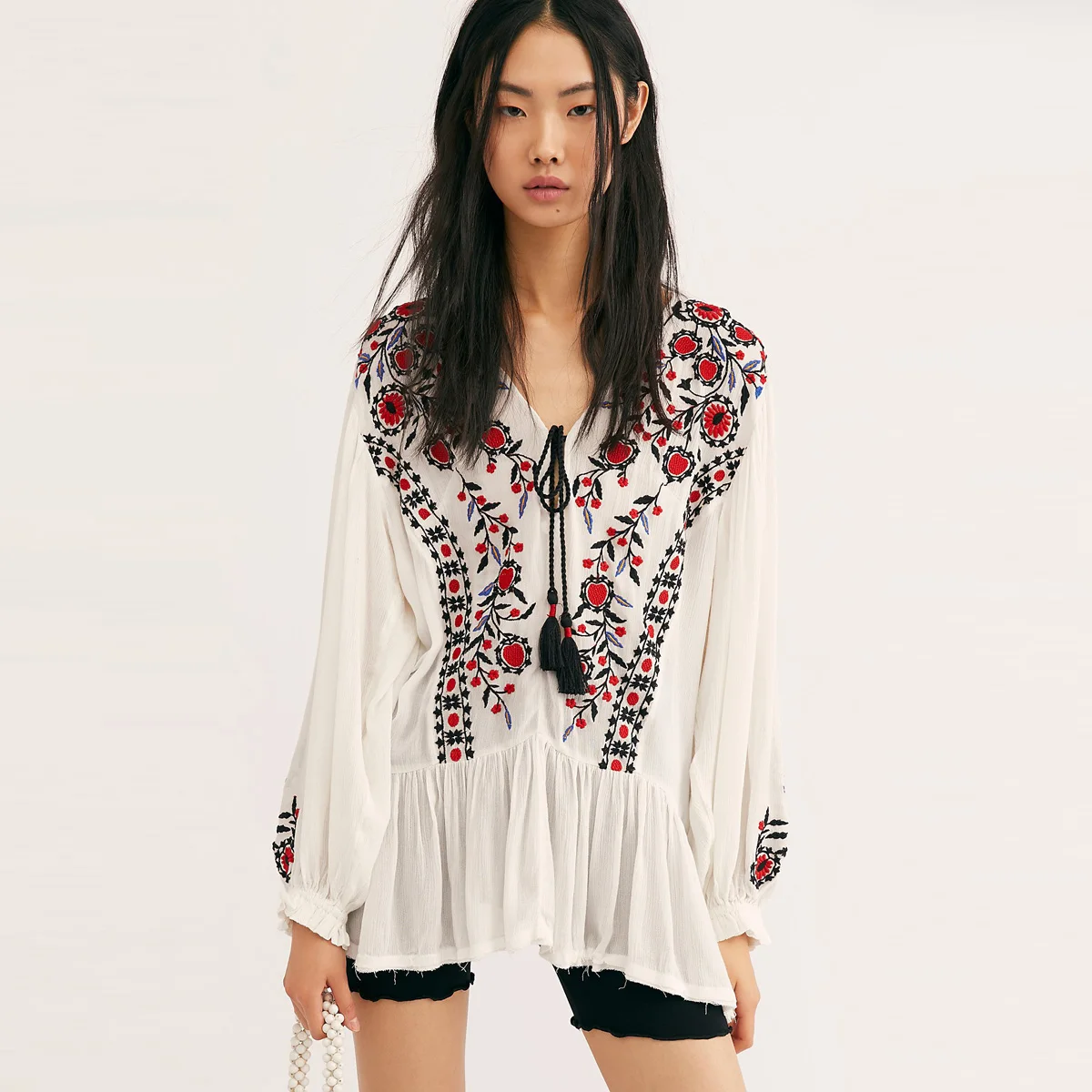 Jastie Boho Chic Crinkly Tunic Vintage Floral Embroidery Blouse Shirt V ...