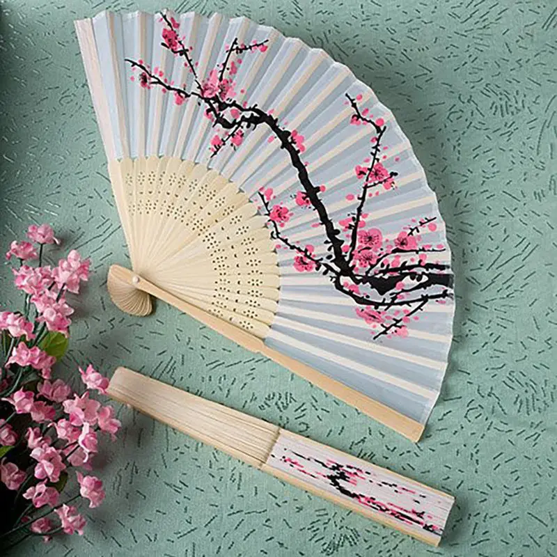 

New Arrive Elegant Plum Blossom Flower Print Folding Hand Fans Designer White Polyester Fans Summer Women Girl Dancing Fan