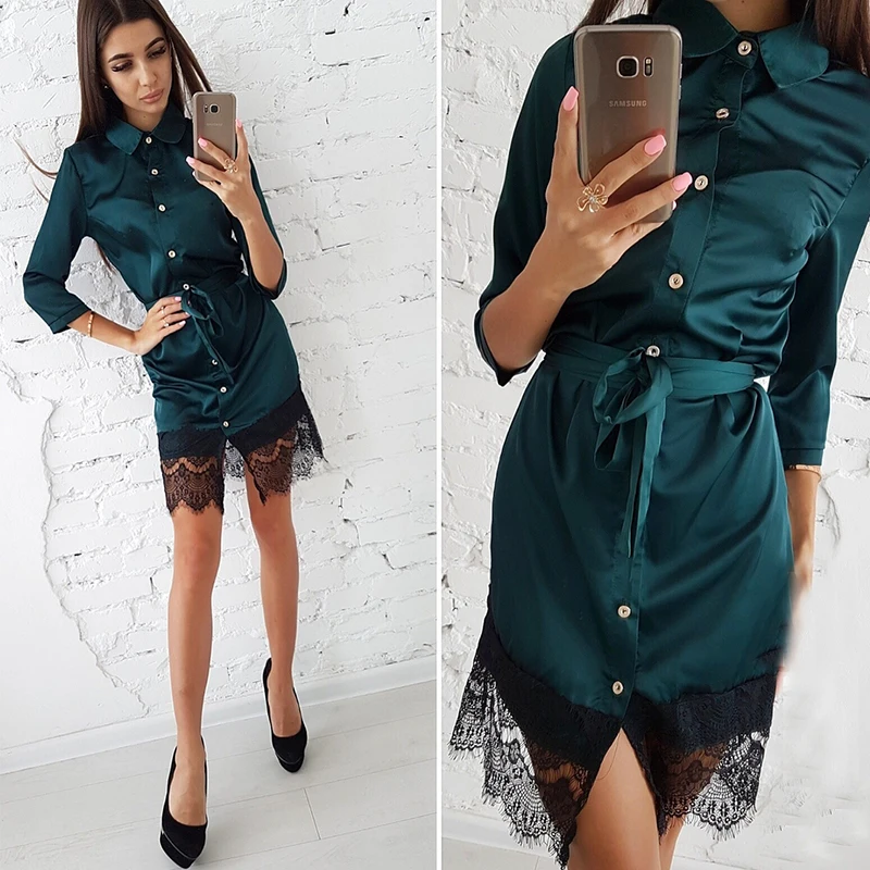 

Women Vintage Patchwork Lace Button Dress Ladies Casual Turn-Down Collar Sashes Mini Dresses 2018 Autumn Female Party dress