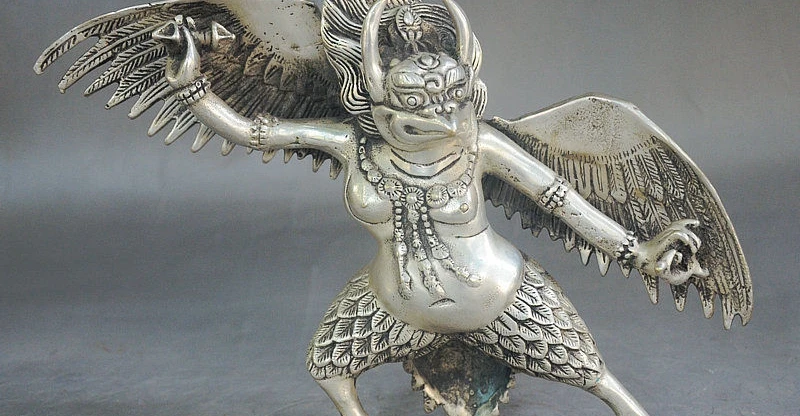 

8" Tibet Buddhism Temple Silver Redpoll Winged Garuda Bird Eagle Buddha Statue