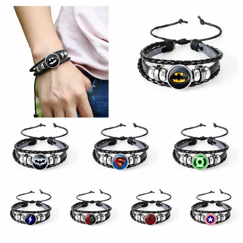 

Super Hero Batman Hulk Captain America Spiderman Bracelet Leather Cord Metal Glass Action Toy Figure Avengers Fans Toy Gifts