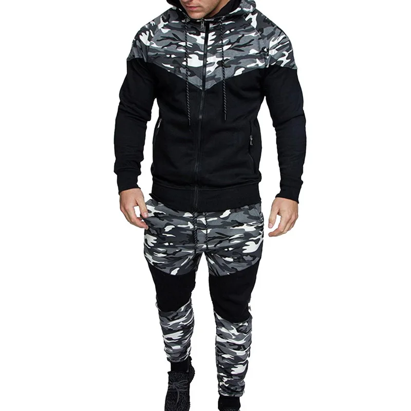 MoneRffi Men Causal Camouflage Print sets Camo Jacket+Pants 2Pc Tracksuit Sportwear jogger Hoodies Sweatshirt&Pant Suit