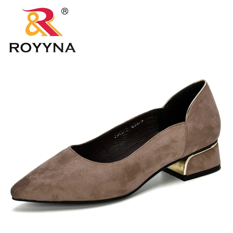 

ROYYNA 2019 New Designer Ladies Pumps Flock Material Fashion Style Women Dress Shoes Female Metal Heel Women's Pumps Comfortable