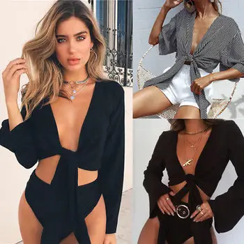 Hirgin 2019 Newest Fashion Hot Sexy Women's Summer Tie Knot Crop Top Ladies Flared Sleeve Plunge Neck Tops knot front spot crop top