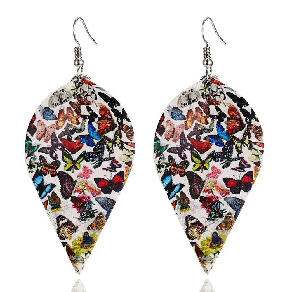 

Unique Butterfly Animal Print Faux Leather Earrings Waterdrop Teardrop Leaf Design Dangle Drop Earrings for Women Boho Jewelry