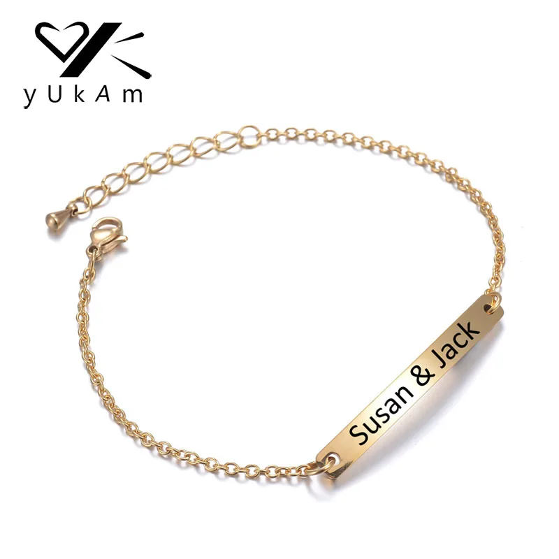 

YUKAM Jewelry Silver Gold Custom Engraved Bracelets Bangles for Women Stainless Steel Personalized Name LOGO ID Bracelets Femme