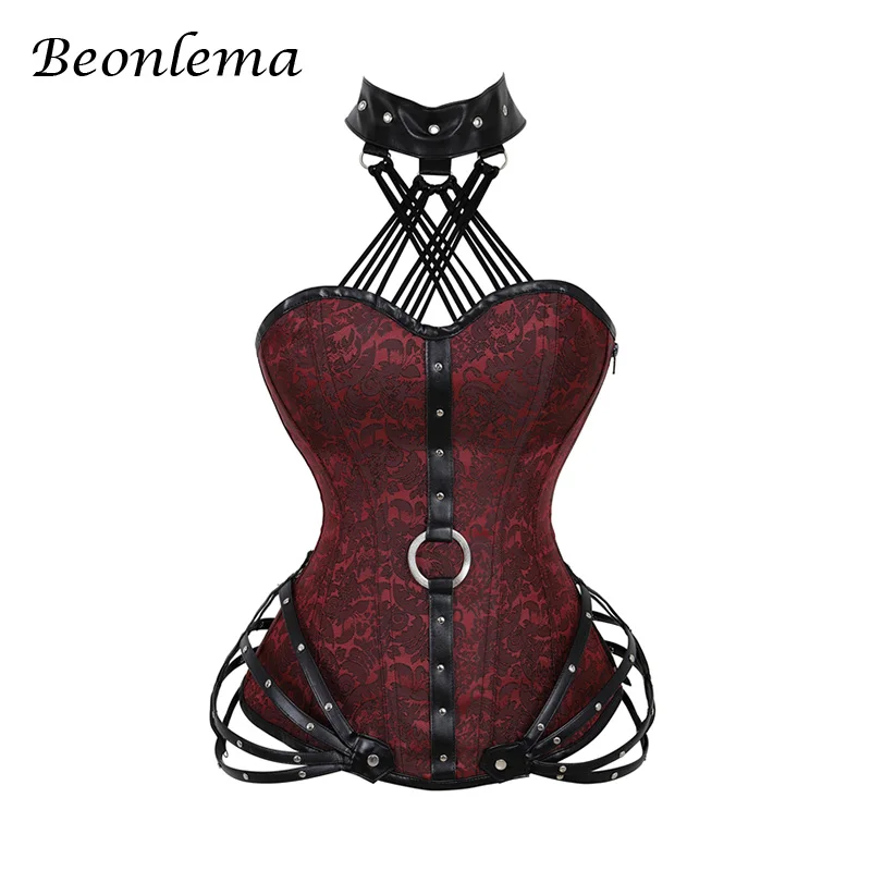 

Beonlema Black Gothic Corset Top Women Sexy Faux Leather Burlesque Corsets Red Steampunk Steel Bone Korse Punk Goth Clothing