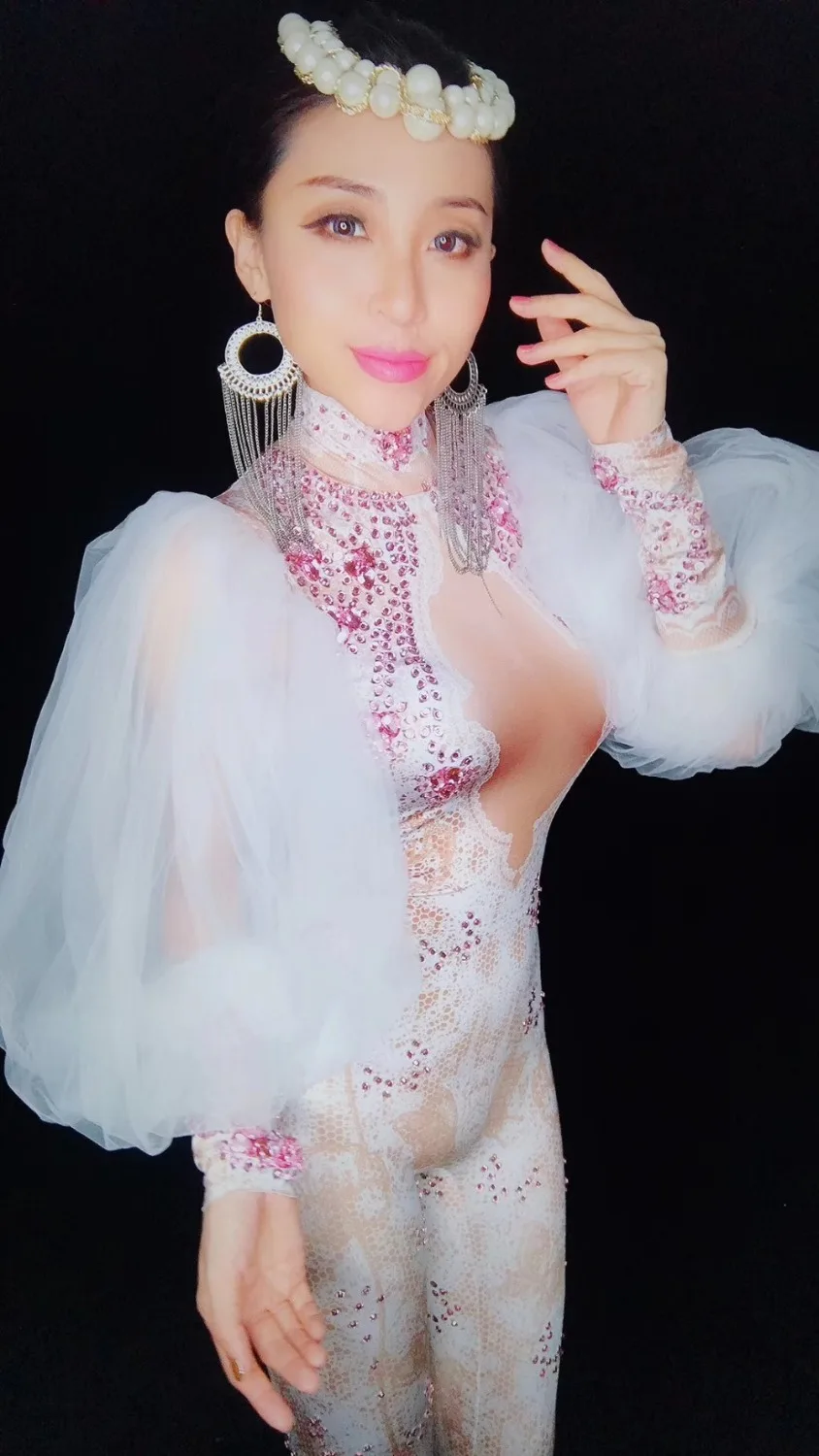 Fashion perspective Lace Sleeves Rhinestones Jumpsuit Sexy Women's Leggings One Piece Performance Stage Costume Nightclub 