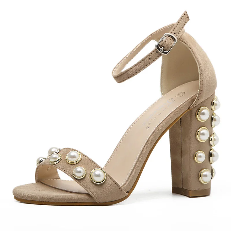 

2017 Summer Europe Sexy Thick Heel Pearl Sandals Women Peep Toe Sandals Woman Casual Shoes Faux Suede Buckle High Heels Sandals