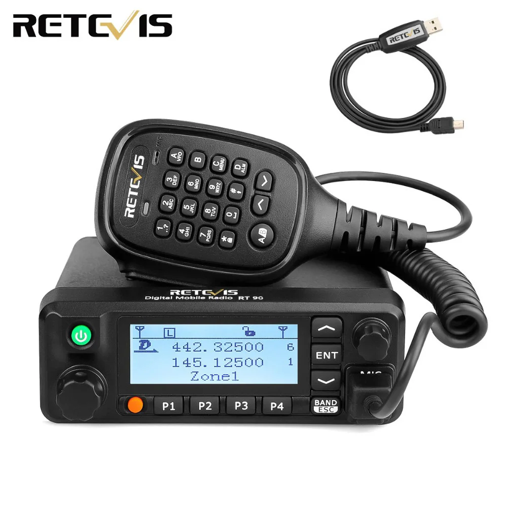 Retevis RT90 DMR Radio GPS VHF UHF Dual Band Standby Display Analog/Digital 50W Mobile Car Radio Station with Program Cable