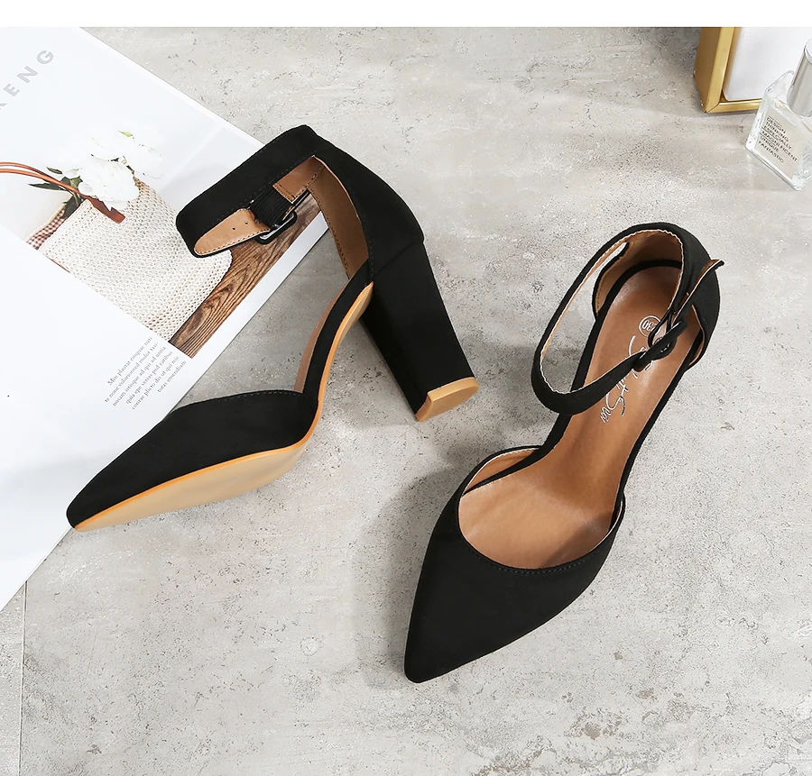 Silentsea/большой размер 44; туфли-лодочки; женская обувь из флока с пряжкой на ремешке; туфли-лодочки с острым носком на высоком каблуке для свадебной вечеринки; Офисная Женская обувь