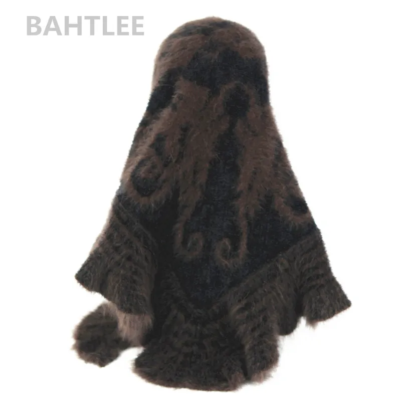 BAHTLEE зимний мусульманский женский Ангорский тюрбан в форме кролика хиджаб пончо треугольная шаль вязаный шарф натуральный мех накидка