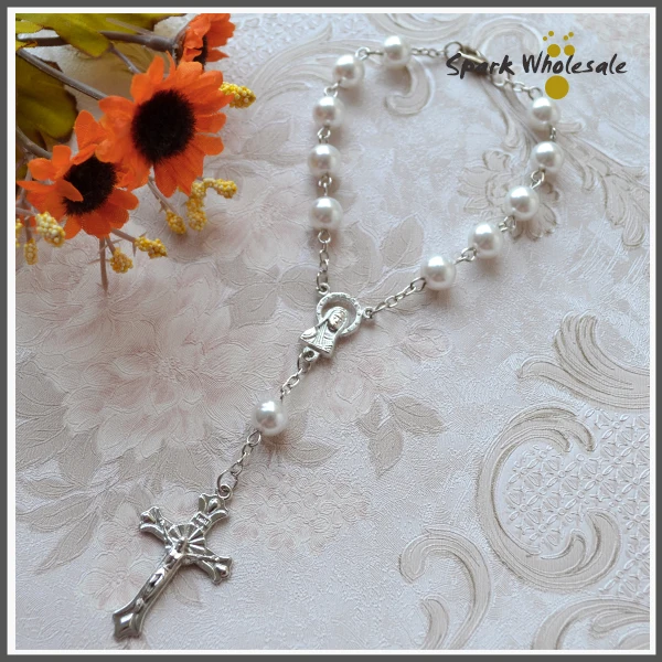 

50pcs/lot Religious Rosary Bracelet White Pearl Imitation Beads Rosary Catholic Bracelet Kid's Communion Baby's Baptism Favors