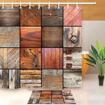 

LB Details on Architectural Wooden Textures Elements Shower Curtain with Mat Set Bathroom Waterproof Fabric For Bathtub Decor