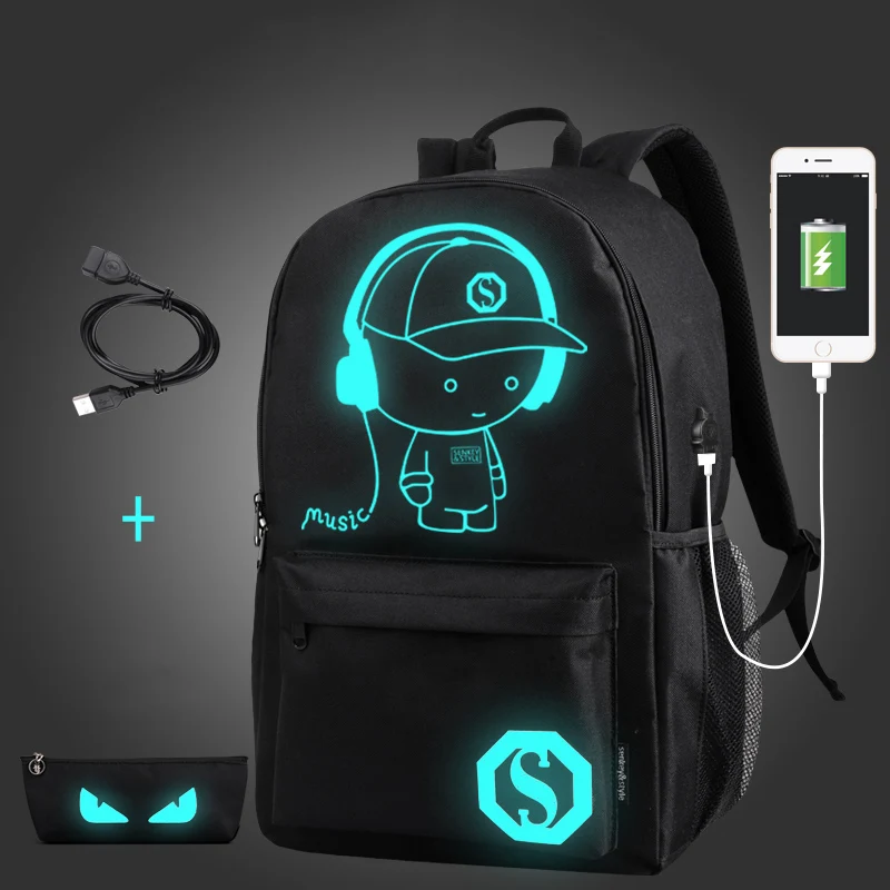 Anime Luminous Anti-Theft Laptop Backpack Shoulder School Bag USB Charger CHY 