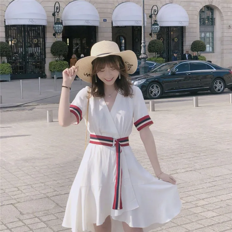 

New color matching belt falbala chiffon dress irregular crossover v neck lady G0464