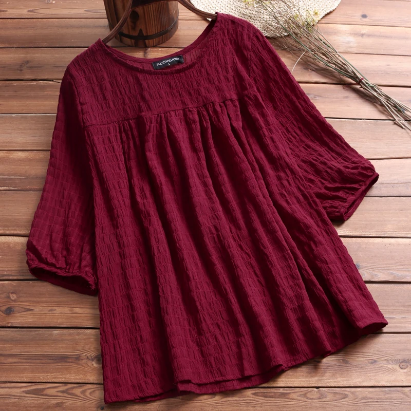 

2019 Summer Loose Top Blusas Women Sweet Shirt Crew Neck Half Sleeve Cotton Linen Casual Pleated Blouse Shirt Plus Size 5XL