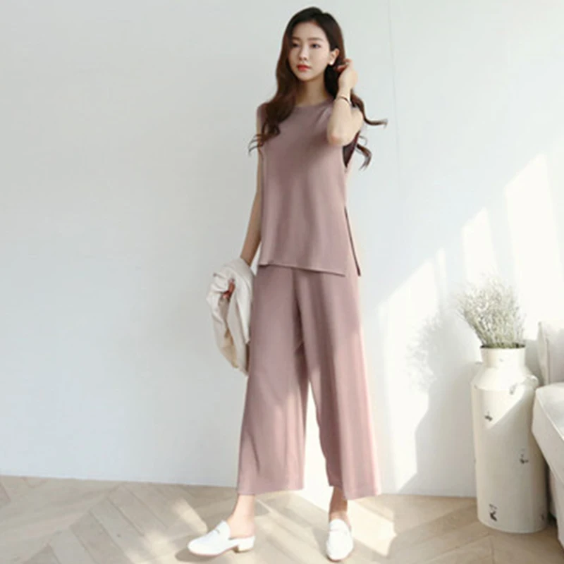 

2019 Summer Women 2 Piece set Knit 2 Piece set Knit wide leg pants + Sleeveless sweater sets trousers suit for women