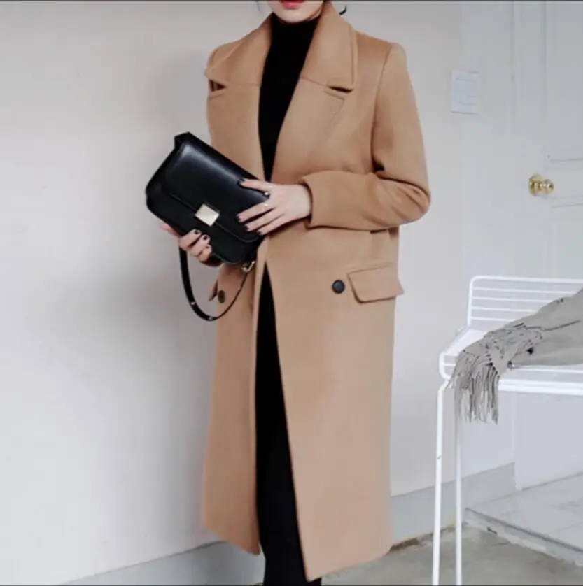 VIHKLC зимнее модное женское новое пальто с длинным рукавом средней длины высокого качества шерстяное пальто Свободное теплое шерстяное пальто для женщин A229 - Цвет: Camel